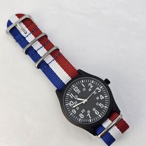 Field Men's Watch 42MM Black‎ Dial Black Case Blue White Red Canvas Band Strap